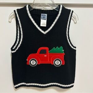 Little Lad Black sweater vest boy 2T Red Truck Christmas Tree green holidays